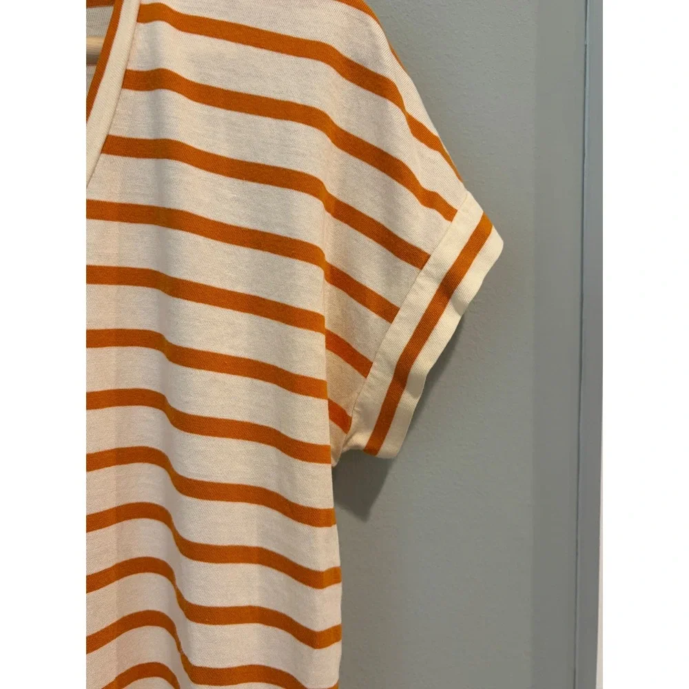 Tory Burch Orange Cream Striped Pima Cotton V-Neck T-Shirt XS‎ Short Sleeve Top